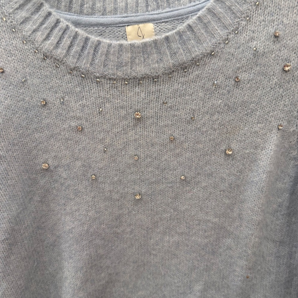 Joie Light Blue Rhinestone Embellished Fuzzy Knit Crewneck Sweater Mens Large - Picture 2 of 8